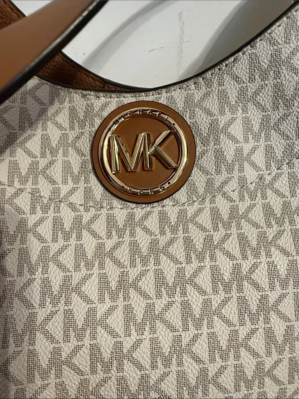 Michael Kors Signature MK Logo Canvas Shoulder Bag in Beige and Tan